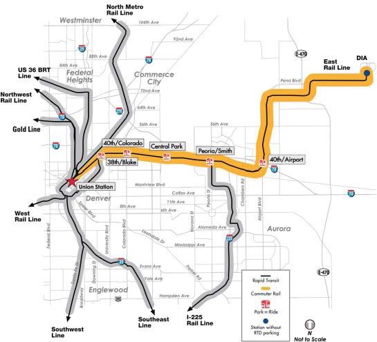 4.5 East Rail Line The East Line will travel approximately 23 miles from Denver Union Station (DUS) through the emerging River North neighborhood and along the northern fringes of North Park Hill and