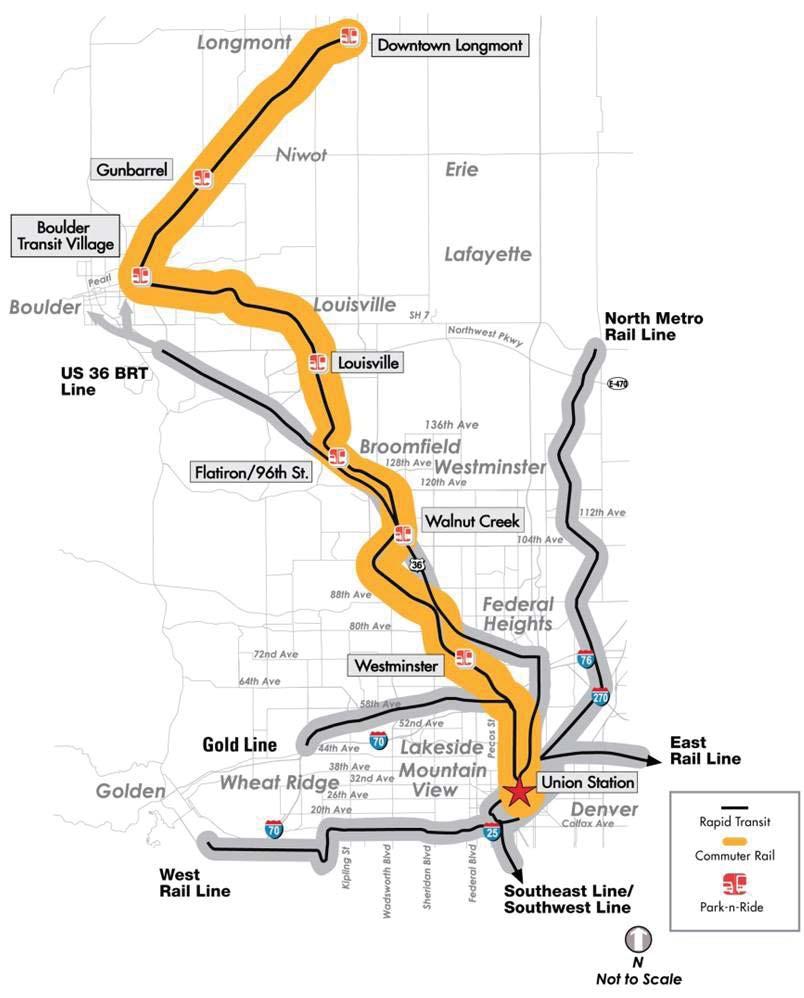 4.7 Northwest Rail/US 36 BRT Corridors The Northwest Rail Line will extend approximately 41 miles from Denver Union Station (DUS) north to Longmont with service to Westminster, Broomfield,