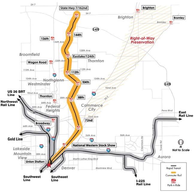 4.8 North Metro Rail Line The North Metro Rail Line will travel approximately 18 miles from Denver Union Station northeast through Denver through Adams County to Commerce City, Northglenn, and