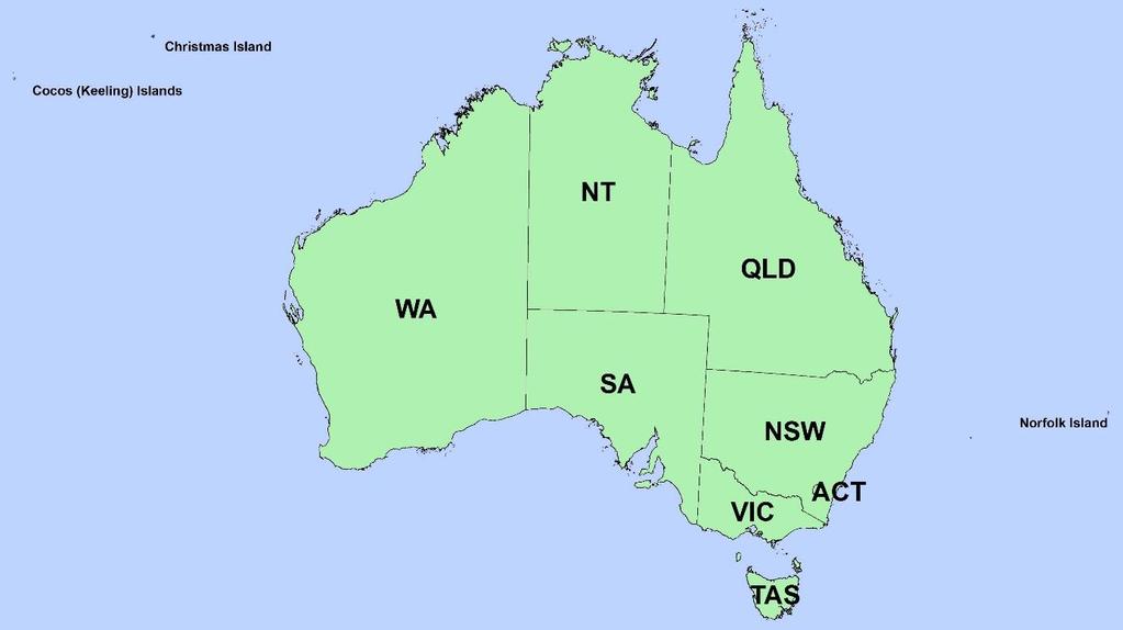 Geographic extent name AUSTRALIA INCLUDING EXTERNAL TERRITORIES AUS Australia Australia The States and Territories within Australia are represented by the following: State or Territory Name