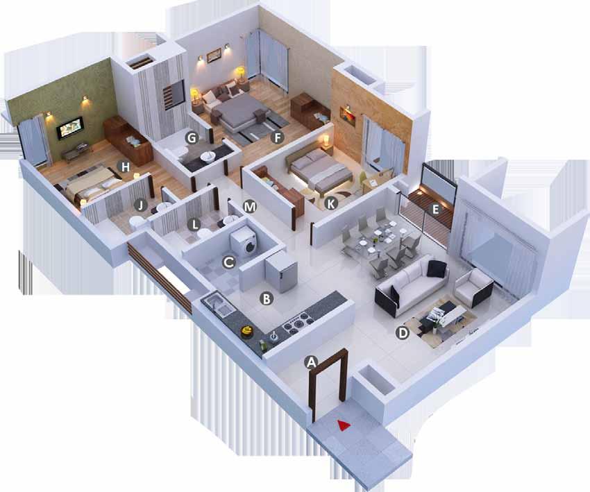 Isometric Views (Type A 3 Bed) A Foyer : 9 10 X 10 8 H Bedroom 2 : 11 4 X 12 0 B Kitchen : 9 4