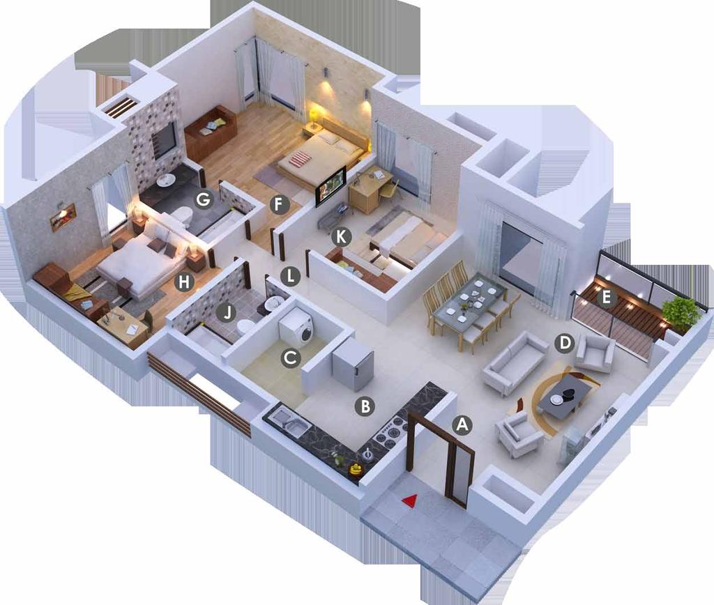 Isometric Views (Type C 3 Bed) A Foyer : 6 1 X 9 10 G Toilet 1 : 5 11 X 9 0 B Kitchen : 8