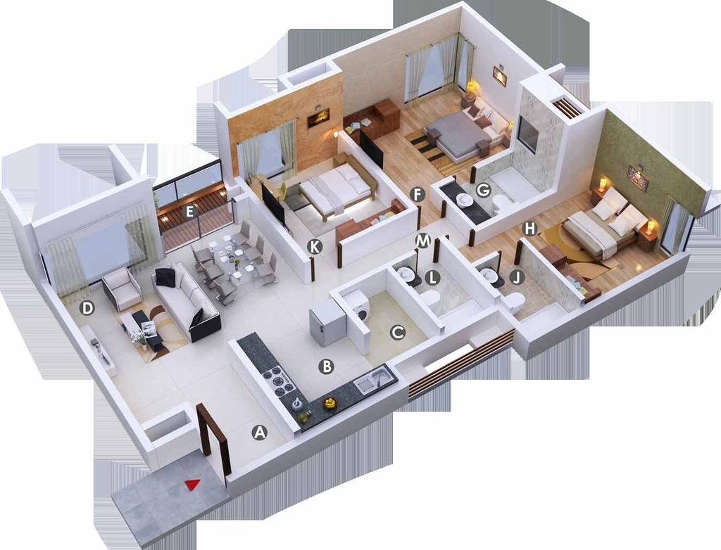 Isometric Views (Type D 3 Bed) A Foyer : 8 10 X 10 2 H Bedroom 2 : 12 0 X 11 4 B Kitchen : 10 8
