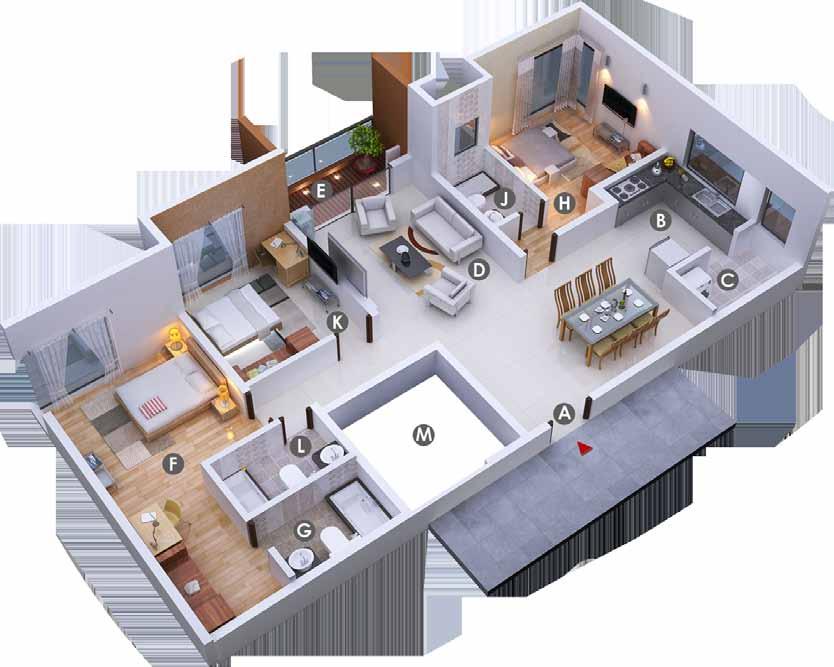 Isometric Views (Type E 3 Bed) A Foyer : 5 7 X 10 6 H Bedroom 2 : 11 6 X 11 6 B Kitchen : 9 4 X