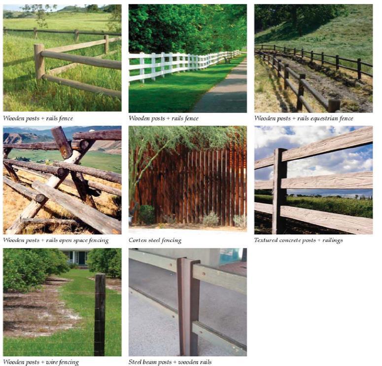 a) Fencing. 1) Height. Fencing shall be a minimum of 30 in height along roadway right-of-ways; 42 against vertical drops greater than 24 ; and 54 along equestrian trails. 2) Materials.