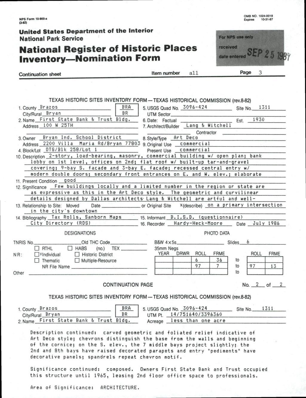 NPS Form 10-»00-«OMB NO 1024^X118 Exptrw 10-31-87 United States Department off the Interior National Park Service National Register of Historic Piaces Inventory Nomination Form CkMitlnuation sheet