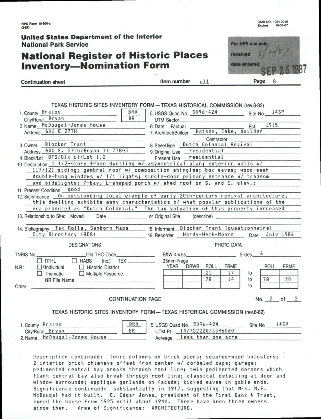 NPS Form 10.S00-a OMB NO. 1024-0018 Expires 10-31.