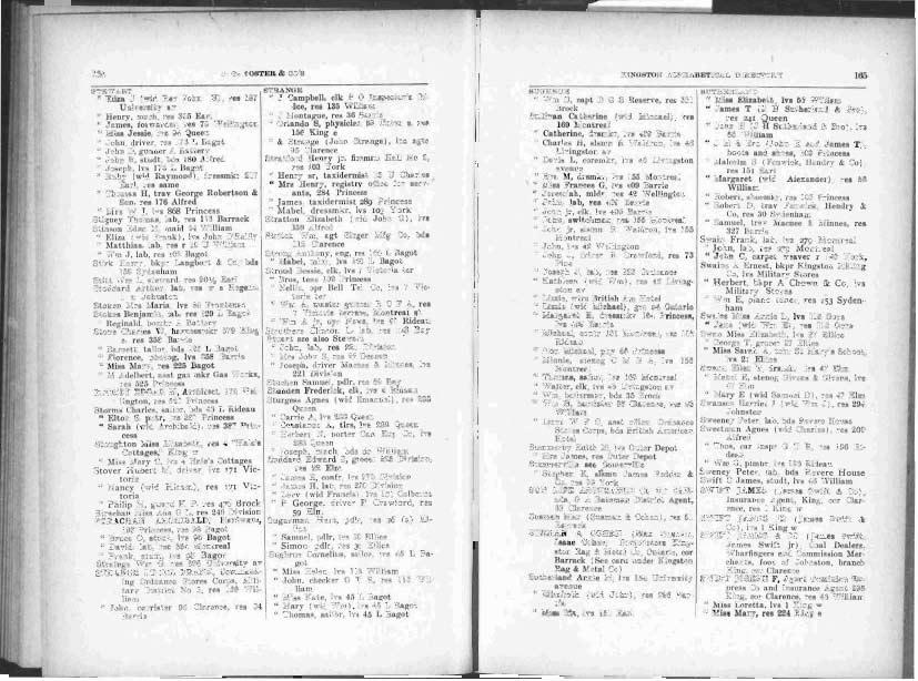 184 J. O. wotrrza dz co's KINOSTON ALPHABETICAL DIRECTORY 16.1. STEWART Eliza J (wid Rev John H), res 187 University av Henry.