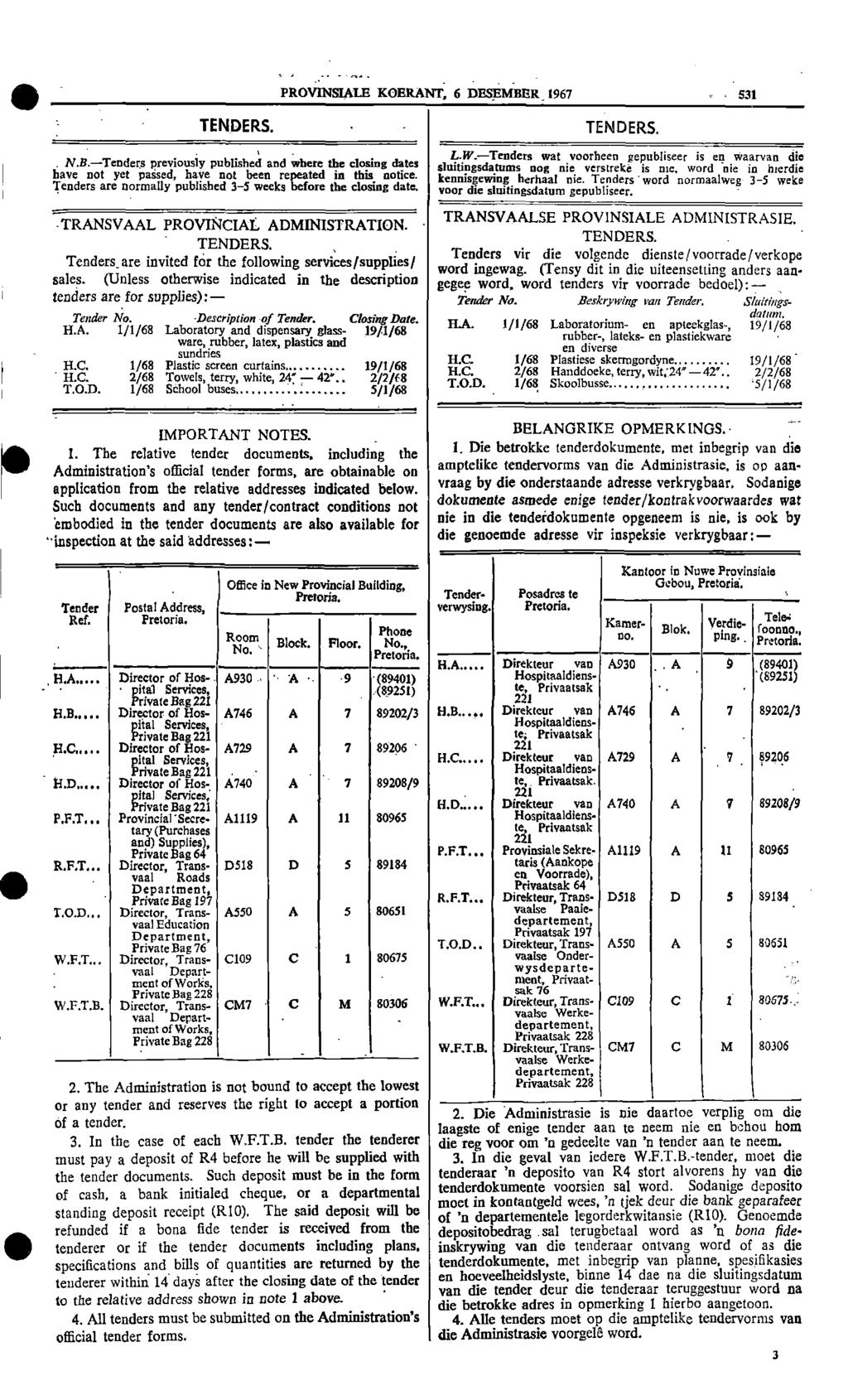 PROVNSALE KOERANT 6 DESEMBER_ 1967 531 TENDERS TENDERS NB Tenders previously published and where the closing dates have not yet passed have not been repeated in this notice Tenders are normally