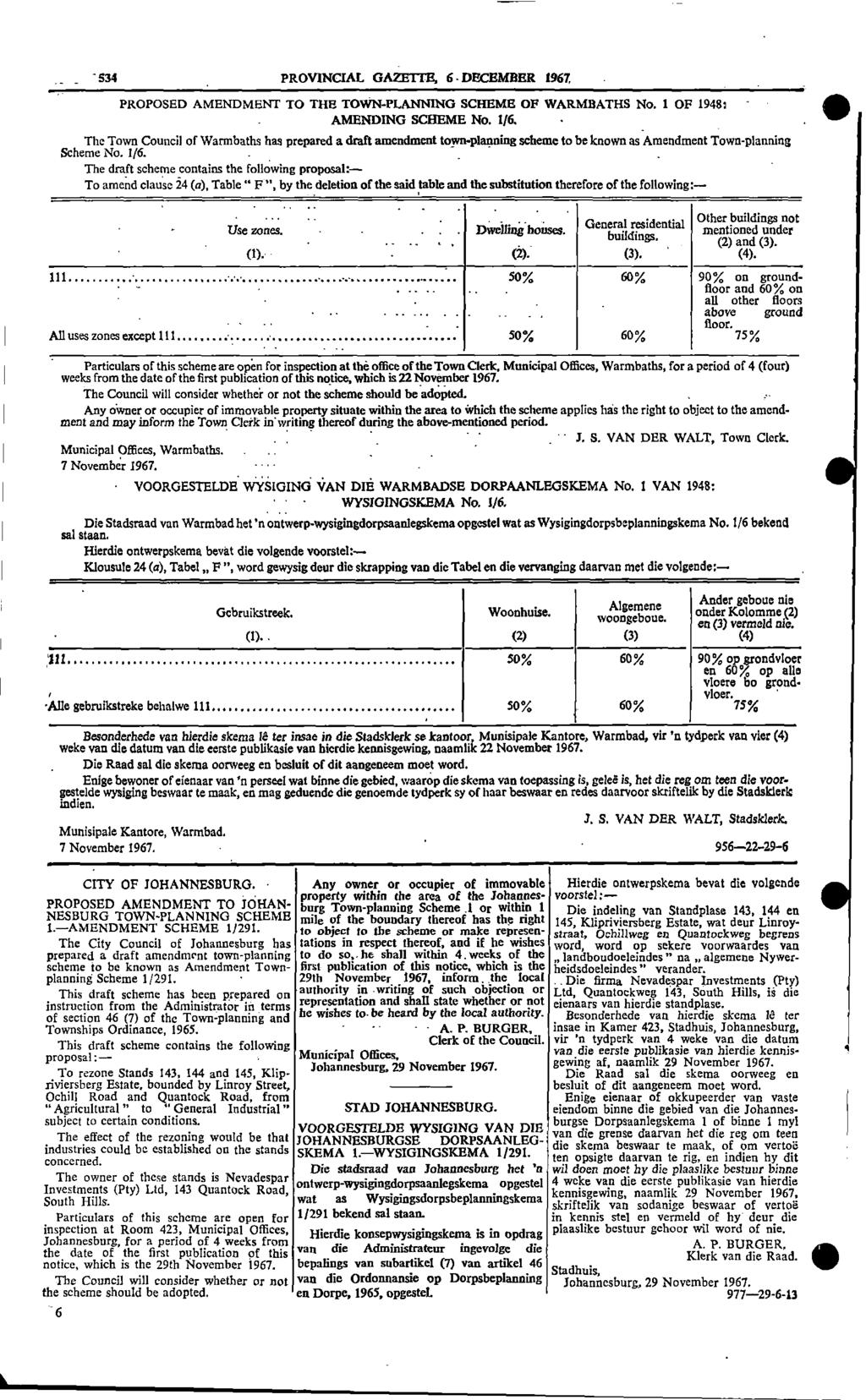 534 PROVNCAL Giktt 1 111 6 DECEMBER 1967 PROPOSED AMENDMENT TO THE TOWNPLANNNG SCHEME OF WARMBATHS No 1 OF 1948: AMENDNG SCHEME No 1/6 The Town Council of Warmbaths has prepared a draft amendment