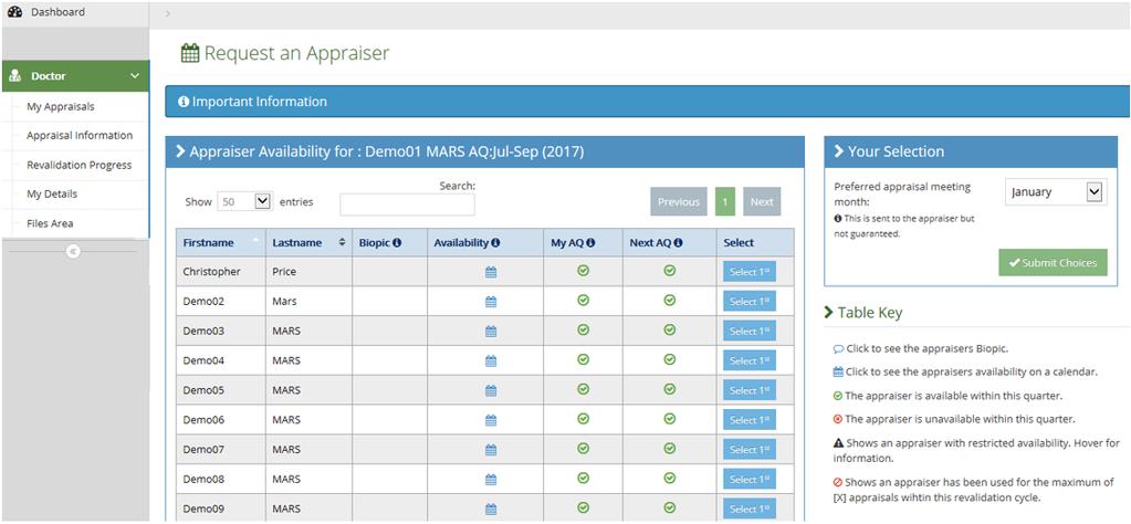 Once on this page, select the Appraiser Selection box. Once you have clicked here you will be taken to the Appraiser Selection page, see below. The table lists appraisers available in your locality.