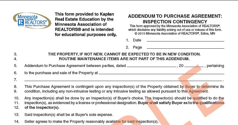 A. Addendum to the Purchase Agreement: Inspection