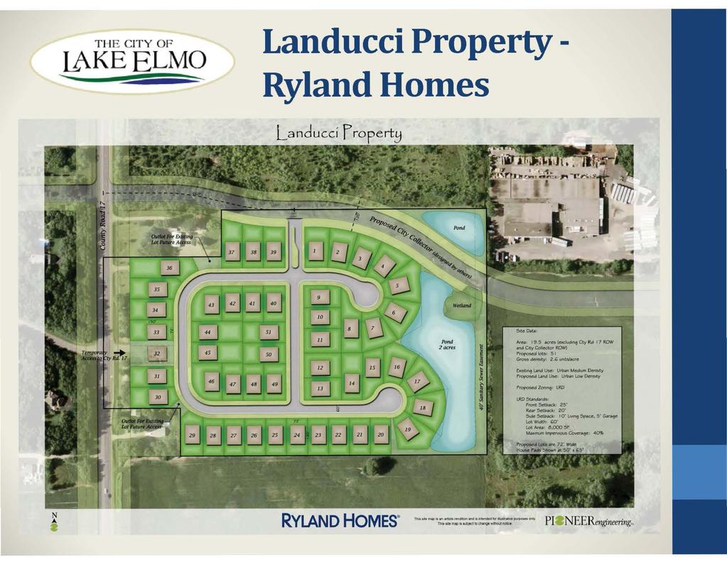 T l IE CJTY OP U\KEELMO Landucci Property - Ryland Homes Landucci Fropert~ Pond 2acres /v'ea: 19.5 acre~ (excluding Cty Rd 17 RON and City Collector ROW) Propo~d I~: 51 Gro5!> dern;1ty: 2.
