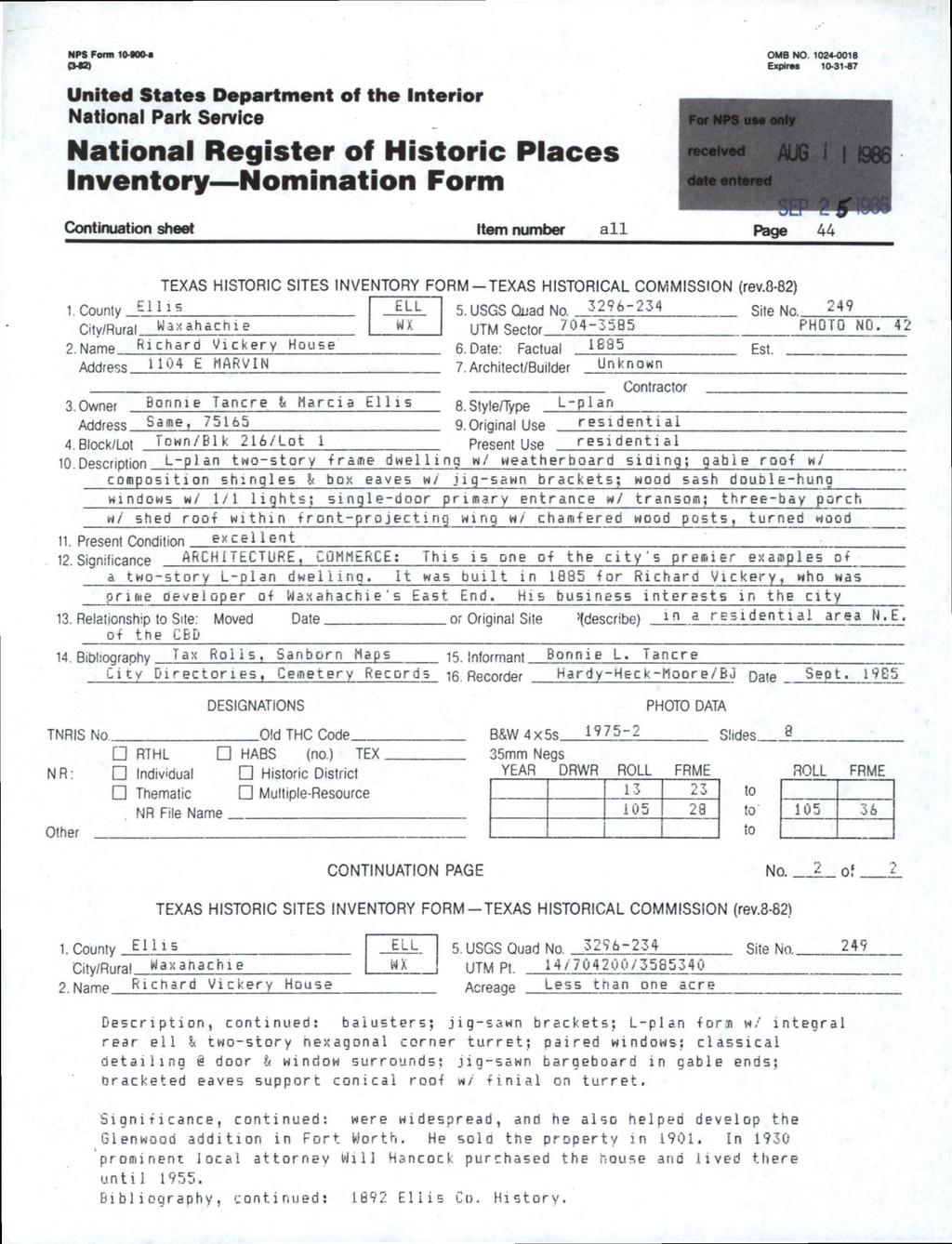 NPS Form 10-M)0-a 0«) United States Department off the Interior National Parle Sarvlce National Register off Historic Places Inventory Nomination Form OMB NO. 1024.0018 Expires 10-31.