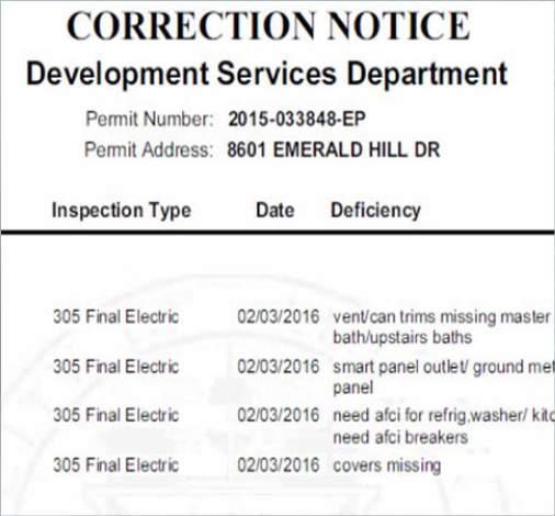 Violations Correction Notice The Correction Notice shall alert to defective