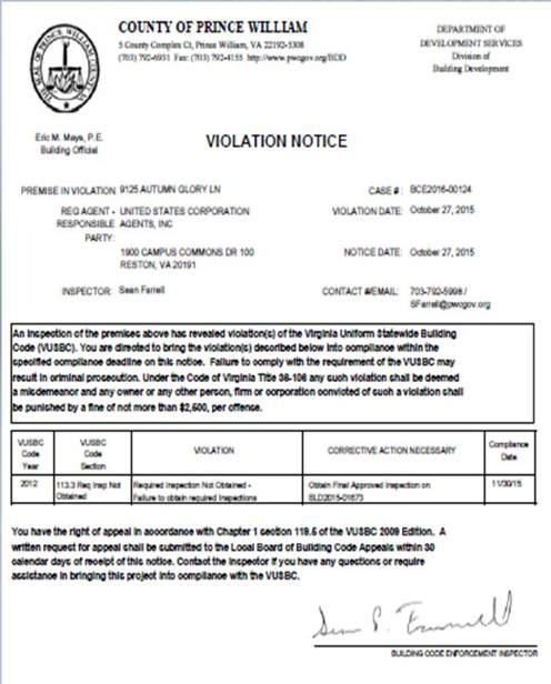 Violations Violation Notice The Violation Notice shall serve as official legal notice of defective conditions In