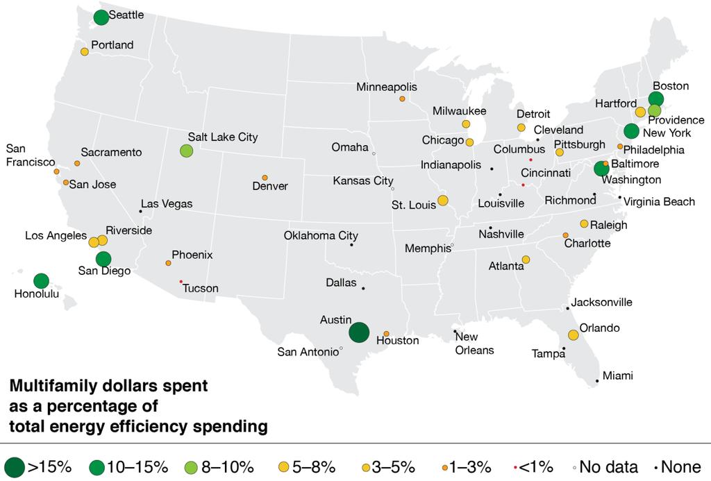 Figure 1. MSAs with multifamily energy efficiency programs and their percentage of total efficiency spending Many MSAs have more than one program for multifamily housing.