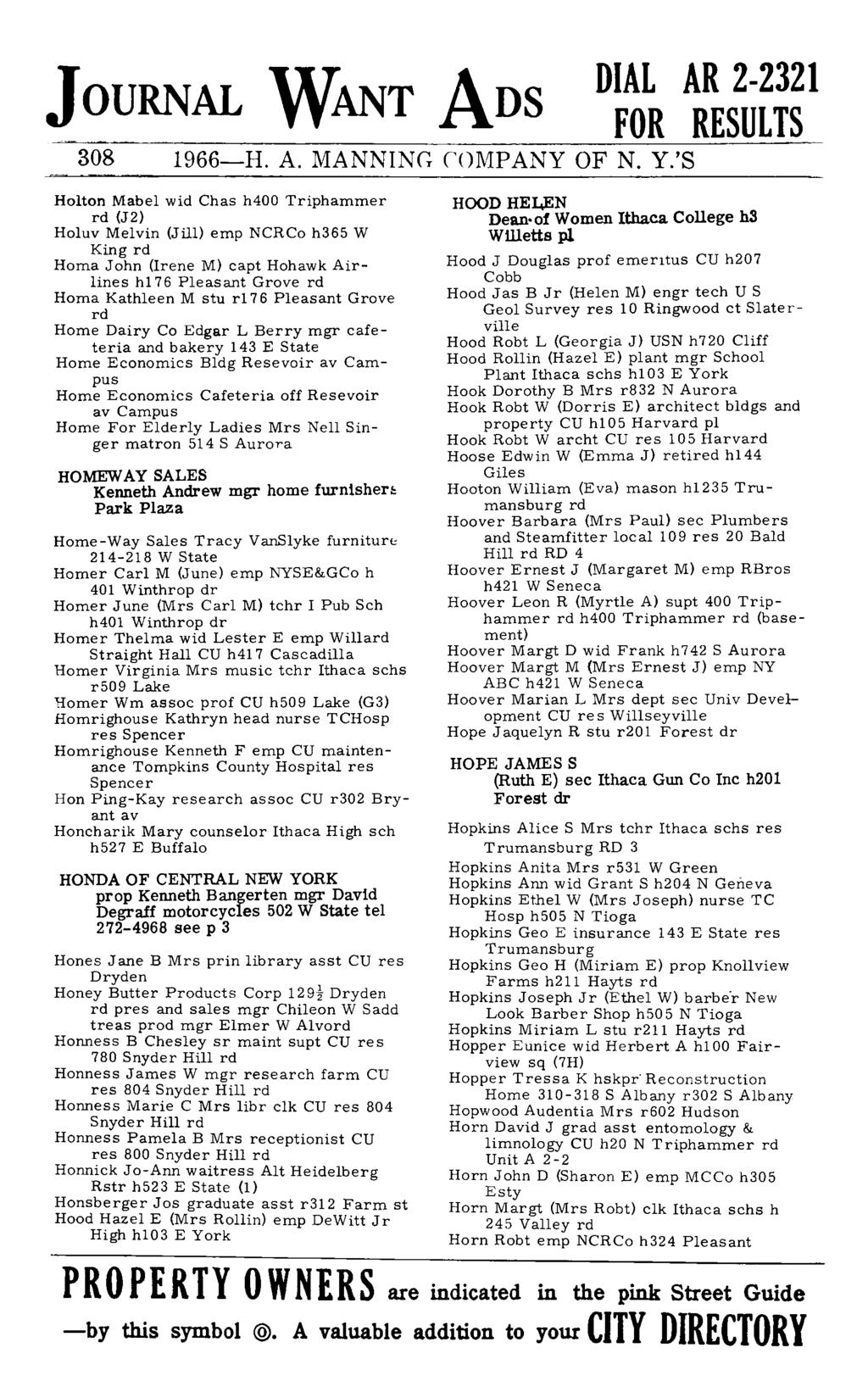 JOURNAL WANT ADS 308 1966-H. A. MANNING COMPANY OF N. Y.