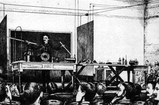 Tesla demonstrating wireless lighting by "electrostatic induction" during an 1891