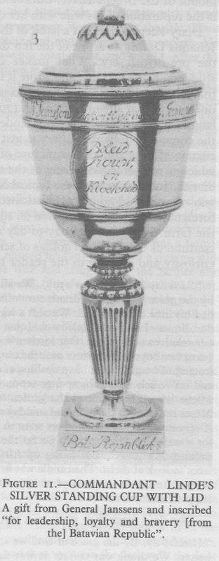 Silver Cup awarded by General Janssens in 1806 and the uniform of a Ritmeester. The photos are of Ritmeester (Commandant) Jacobus LINDE, a colleague of Willem MORKEL.