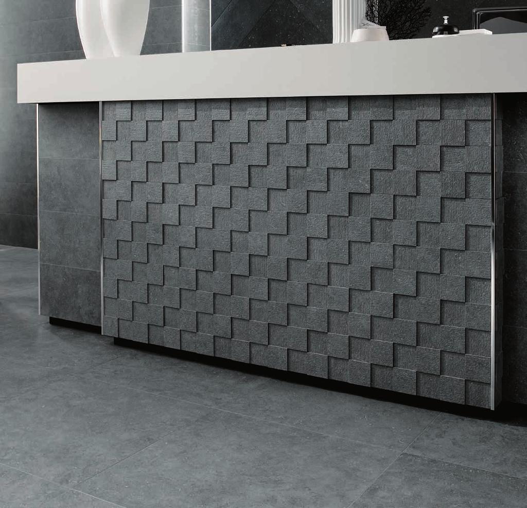 The minimal appeal of the 3D mosaic gives design walls and architectural elements a touch of strength and elegance.