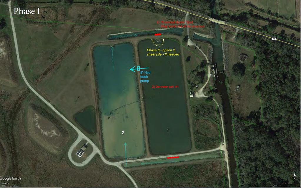 Figure 2. Aerial view of east pond and Phase I and Phase II of repair work.