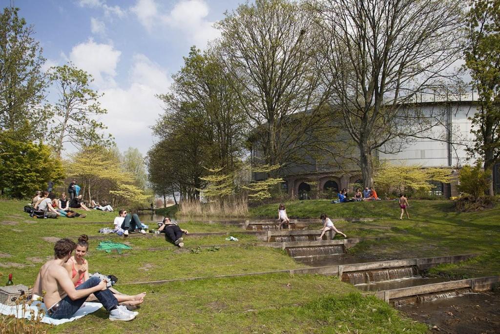 Westergasfabriek Cultuurpark is a radical regeneration of a former gasworks - 13 hectares of cutting edge public parkland The scheme now offers aquatic gardens in former gasholders, market squares,