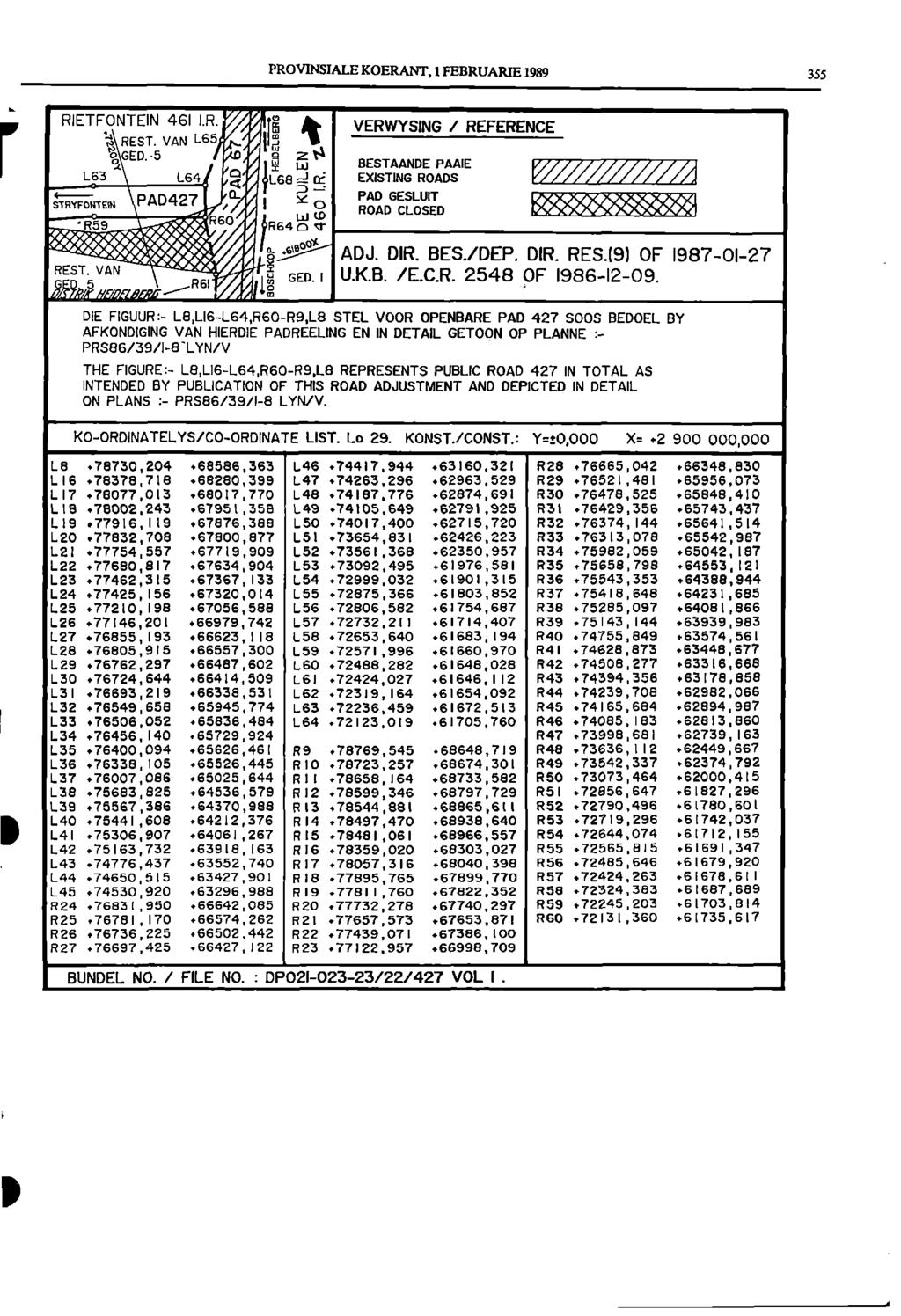 PROVINSIALE KOERANT, 1 FEBRUARIE 1989 355 RIETFONTEIN 461 IR / VERWYSING / REFERENCE REST VAN L65 el" II GED 'S AD BESTAANDE PAAIE L63;to L64 168 = 3w A _-1(i EXISTING ROADS PAD GESLUIT STRYFONTEN