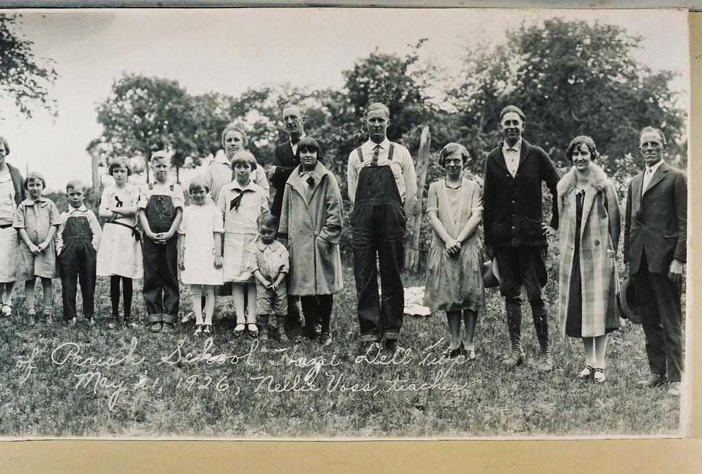 3 Right Third of 1926 Parish School PTA Photo Pearl Parish (6), d/o Elmer & Tillie Parish, m. Mr. Lininger. Maynard Jensen (6), hands in pockets, s/o Henry & Tina Jensen, m. Gladys Sorensen, m.