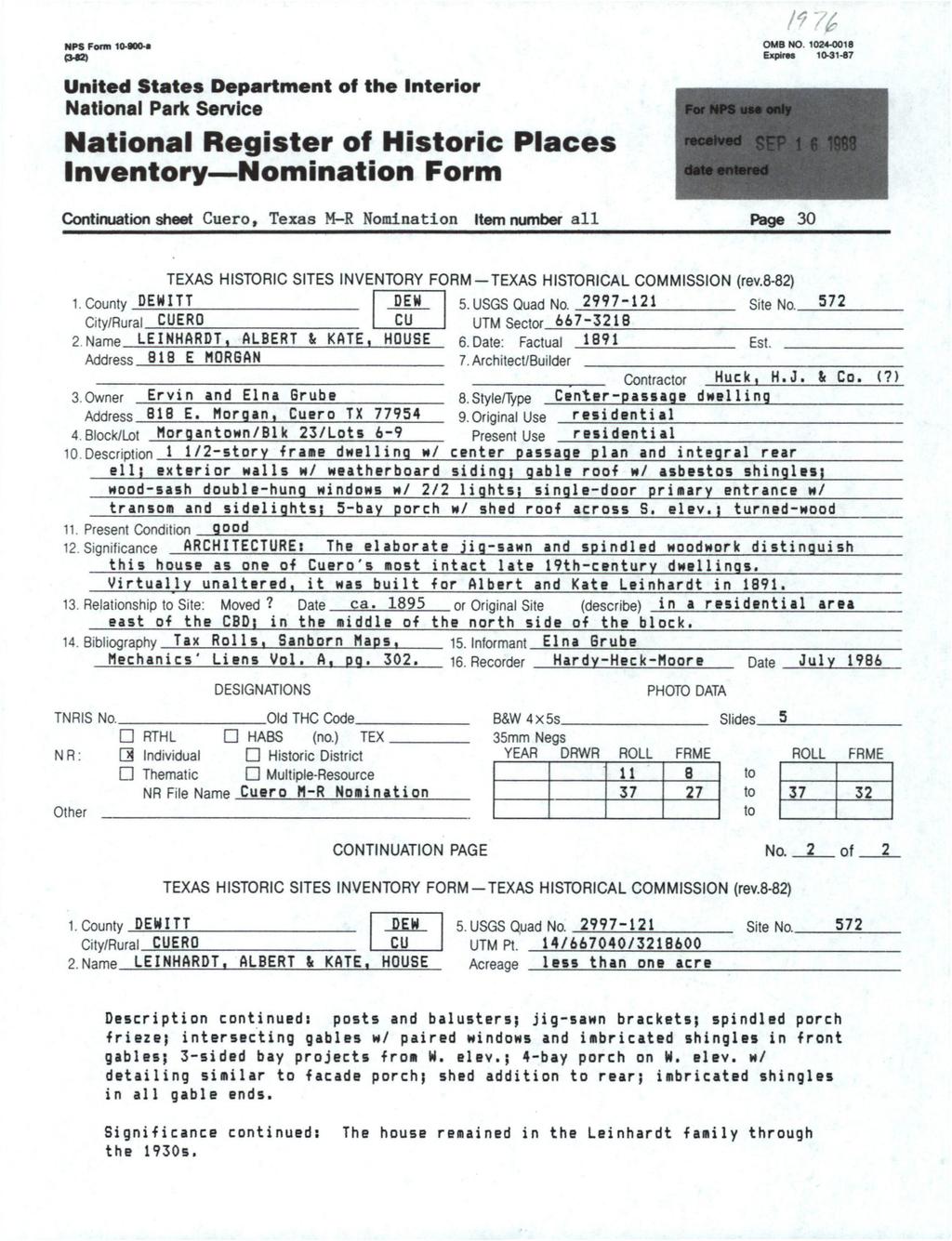 HPS Form 10-»00.«(HO) United States Department of the Interior National Parte Service National Register off Historic Piaces Inventory Nomination Form NPS UM received date entered OMB NO.