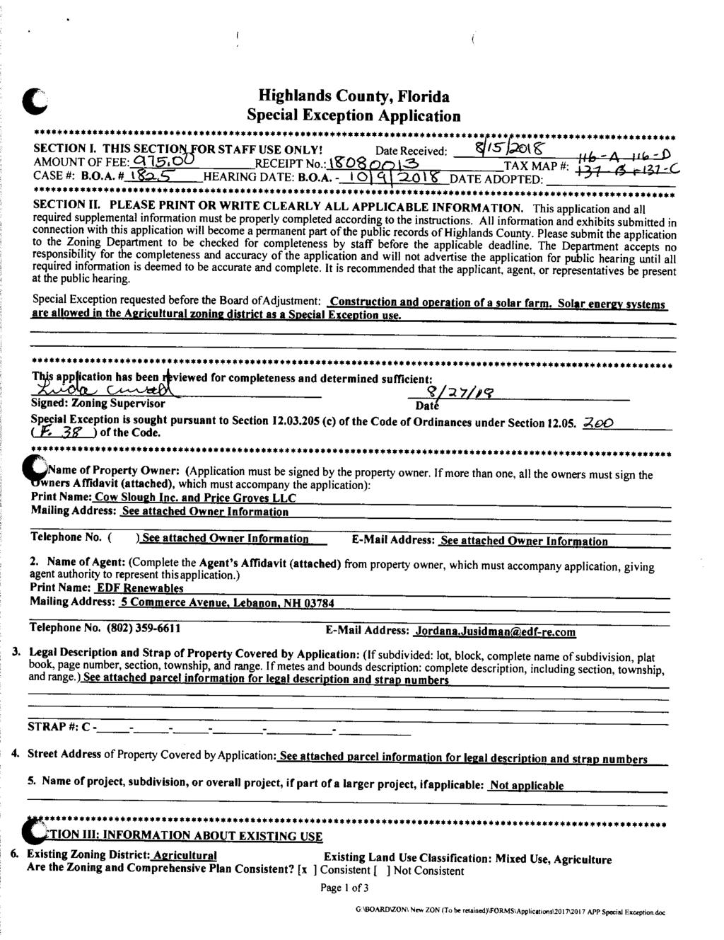 Highlands County, Florida Special Exception Application **************************************************************************** ***'-*************************** SECTION I. THIS SECTIO!