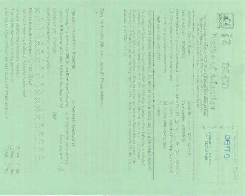 ~52 DLCD Notice of Adoption This Form 2 must be mailed to DLCD within 5-Working Days after the Final Ordinance is signed by the public Official Designated by the jurisdiction and all other