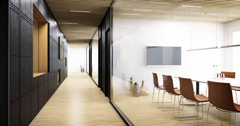 The acoustically designed walls are created with a perforated black stained veneer, offering an exclusive finish.