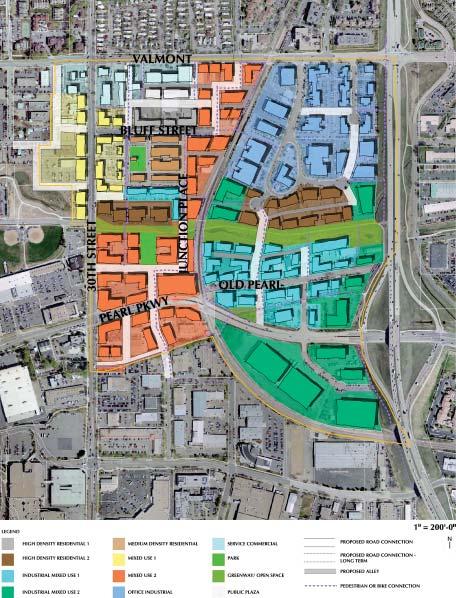 The plan calls for mixed-use development in a 25-acre area east of the Exhibit 7-8: Boulder Transit Village Draft Plan planned station location.
