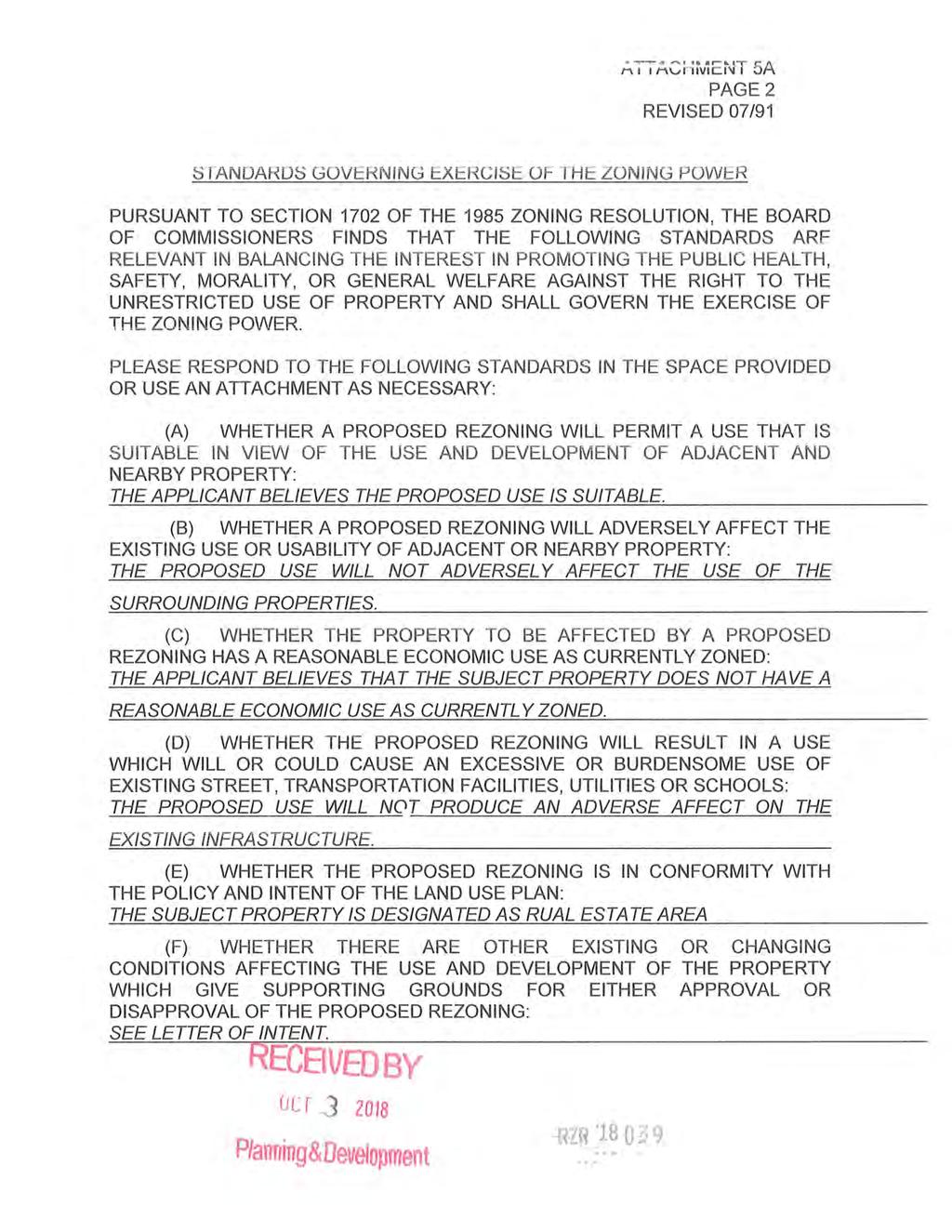 A ACHiv1ENT SA PAGE2 REVSED 07/91 STANDARDS GOVERNNG EXERCSE OF THE ZONNG PO\/VER PURSUANT TO SECTON 1702 OF THE 1985 ZONNG RESOLUTON, THE BOARD OF COMMSSONERS FNDS THAT THE FOLLOWNG STANDARDS ARE