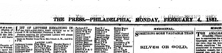1861: List of Letters Remaining, Philadelphia, PA: Sinkwitz, Wm Press (Philadelphia, PA), Monday, February 04, 1861; Page: 4 This may, or may not, but the right couple Name Wilhelm Sinkwitz Event