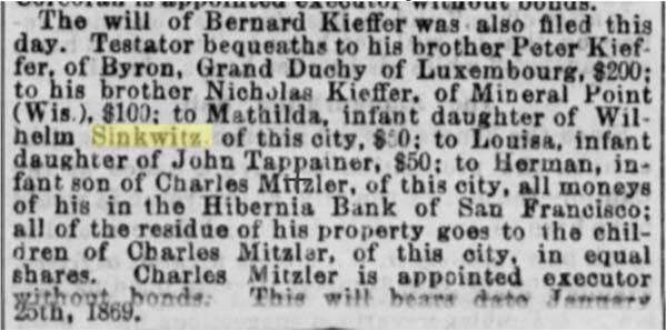 1869: San Francisco, infant daughter of Wilhelm Sinkwitz 1870: