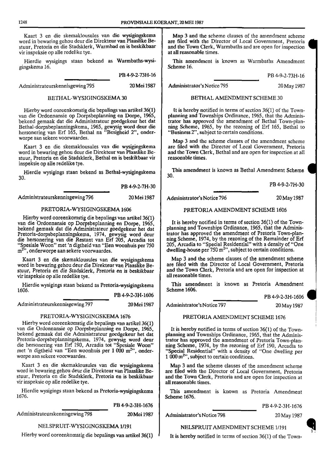1248 PROVINSIALE KOERANT, 20 MEI 1987 Kaart 3 en die skemaklousules van die wysigingskema word in bewaring gehou deur die Direkteur van Plaaslike Be Map 3 and the scheme clauses of the amendment
