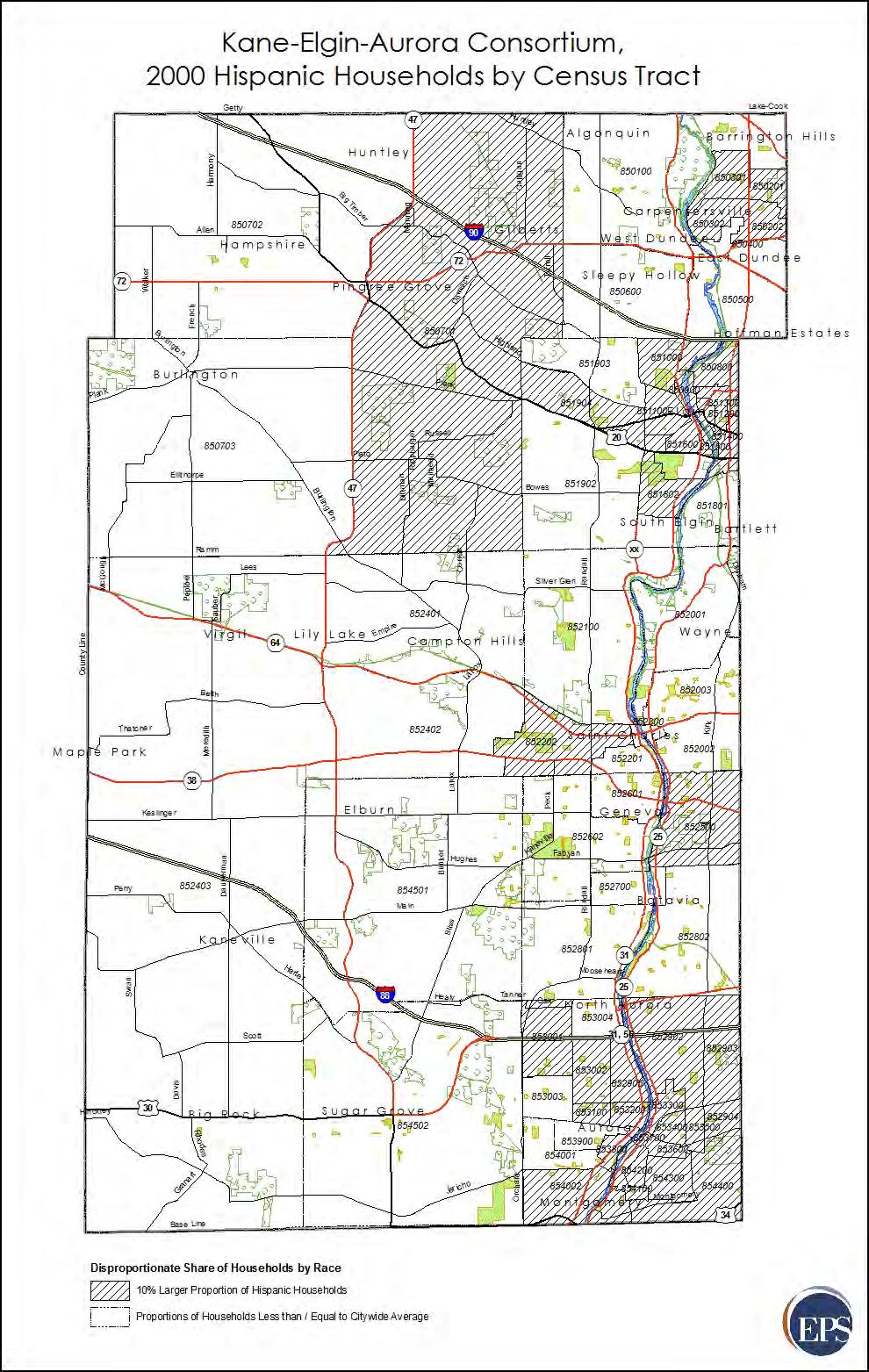 Figure 3 Kane County Concentration of Hispanic Households, 2000