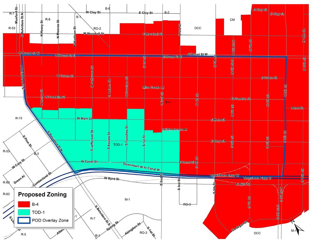 FUTURE ZONING After rezoning, there will be only two districts in Monroe Ward, both covered by a Plan of Development (POD) Overlay District.