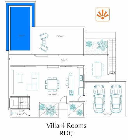 Surface Villa - 3 bedrooms + studio area on 3 levels M2 Main floor (mid-level) Living room and kitchen 74 Covered terrace 31 Covered dining area 15 Pergola outdoor sofa