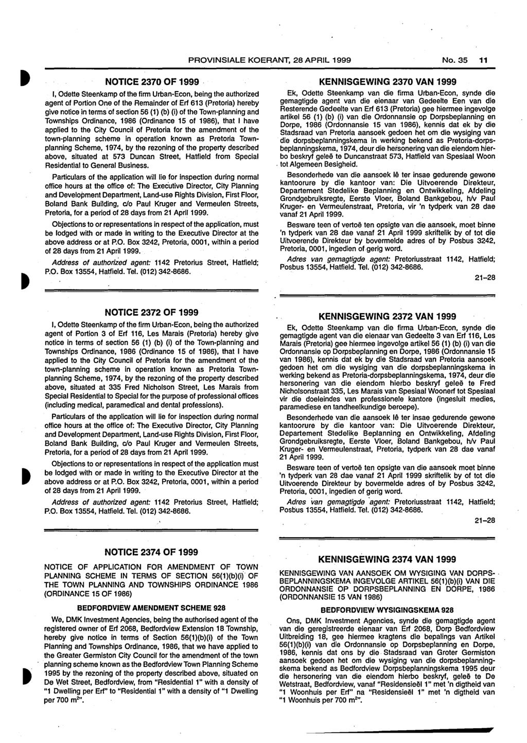 PROVINSIALE KOERANT, 28 APRIL 1999 No. 35 11 NOTICE 2370 OF 1999.