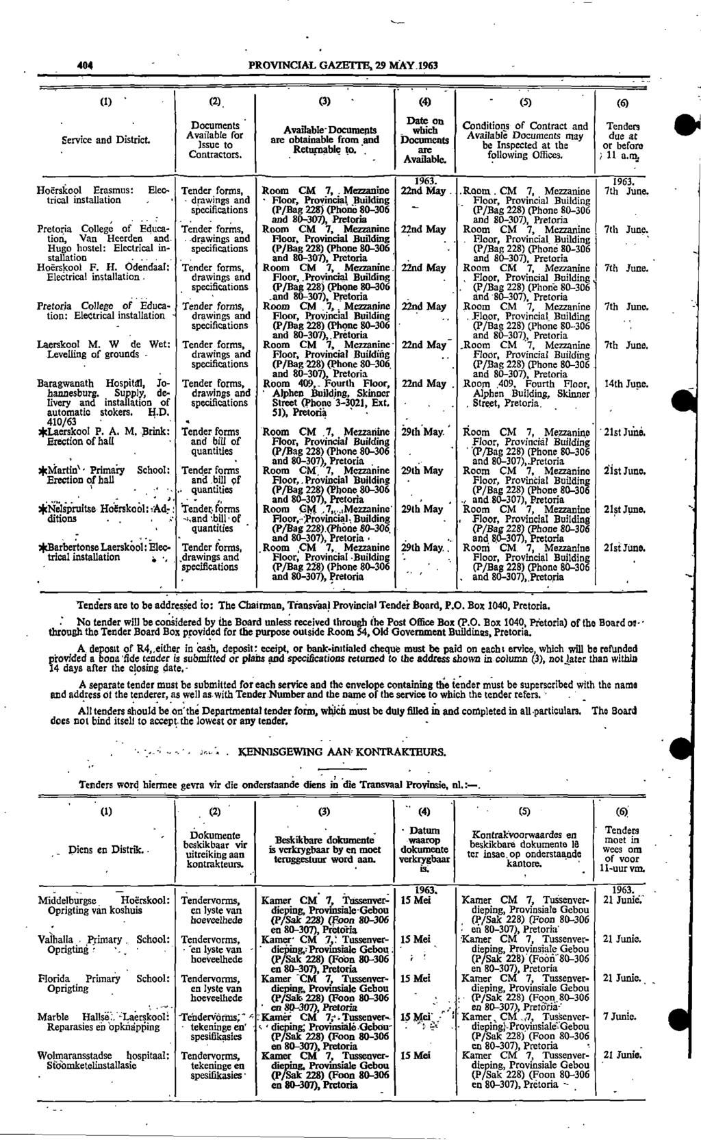 404 (1) PROVNCAL GAZETTE 29 MAY1963 (2) (3) (4) (5) (6) Documents Date on Available Conditions of Contract and Tenders Documents which Available for Available Documents may Service and District are