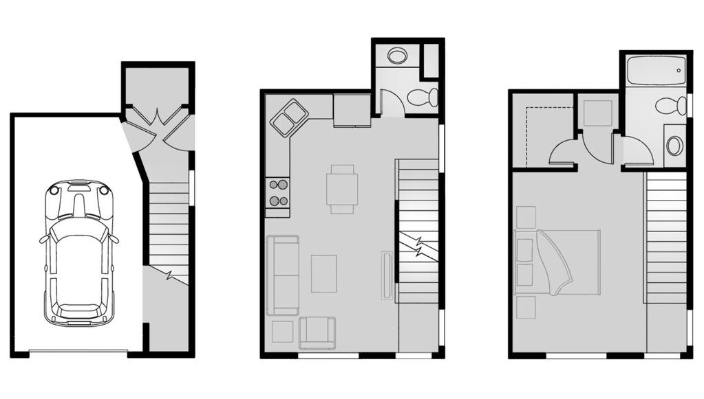 1 Bedroom Townhome Plan Total SF: 810 - Attached 1 Car Garage - Dramatic 9 Foot Ceilings - One and One Half Bathrooms - Large Gourmet Kitchen - Full-size Washer/Dryer hookups