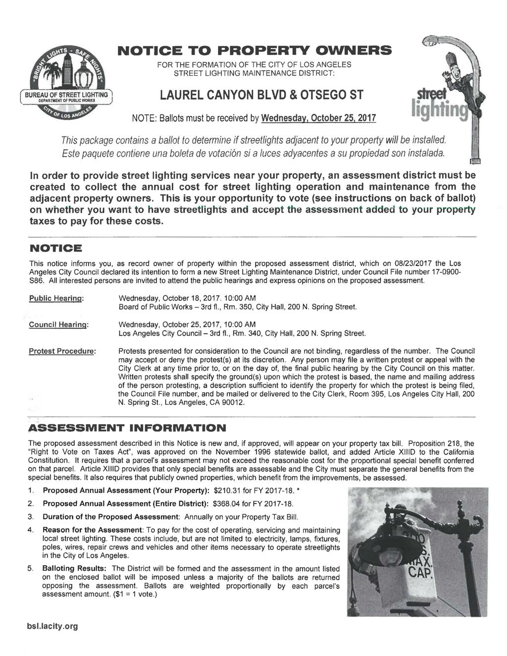 NOTICE TO PROPERTY OWNERS U> FOR THE FORMATION OF THE CITY OF LOS ANGELES STREET LIGHTING MAINTENANCE DISTRICT: (BUREAU OF STREET LIGHTING^ [ D PA«mtKIOFfmiCWO«K3 I» '.