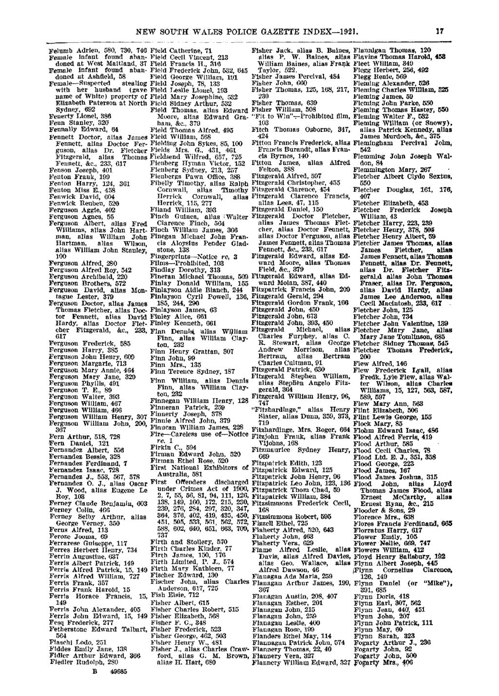 NEW SOUTI.1 WALES POLICE GAZETTE INDEX- 1921. 17 Felmnb Adrien, 580, 730, 746 Field Catherine, 71 Female infant doned at West found aban- Field Cecil Vincent, 213 Maitland, 37 Field Francis H.