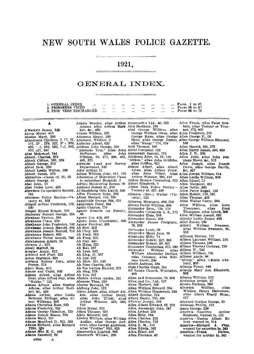 NEW SOUTH WALES POLICE GAZETTE. 1921. GENERAL INDEX. 1. GENERAL INDEX...... 2. PRISONERS 'T'RIED... 3. PRIG' STERS DISCHARGED... PACES 1 TO 57.... PAGES 58 To 6... PAGES 66 TO 72.