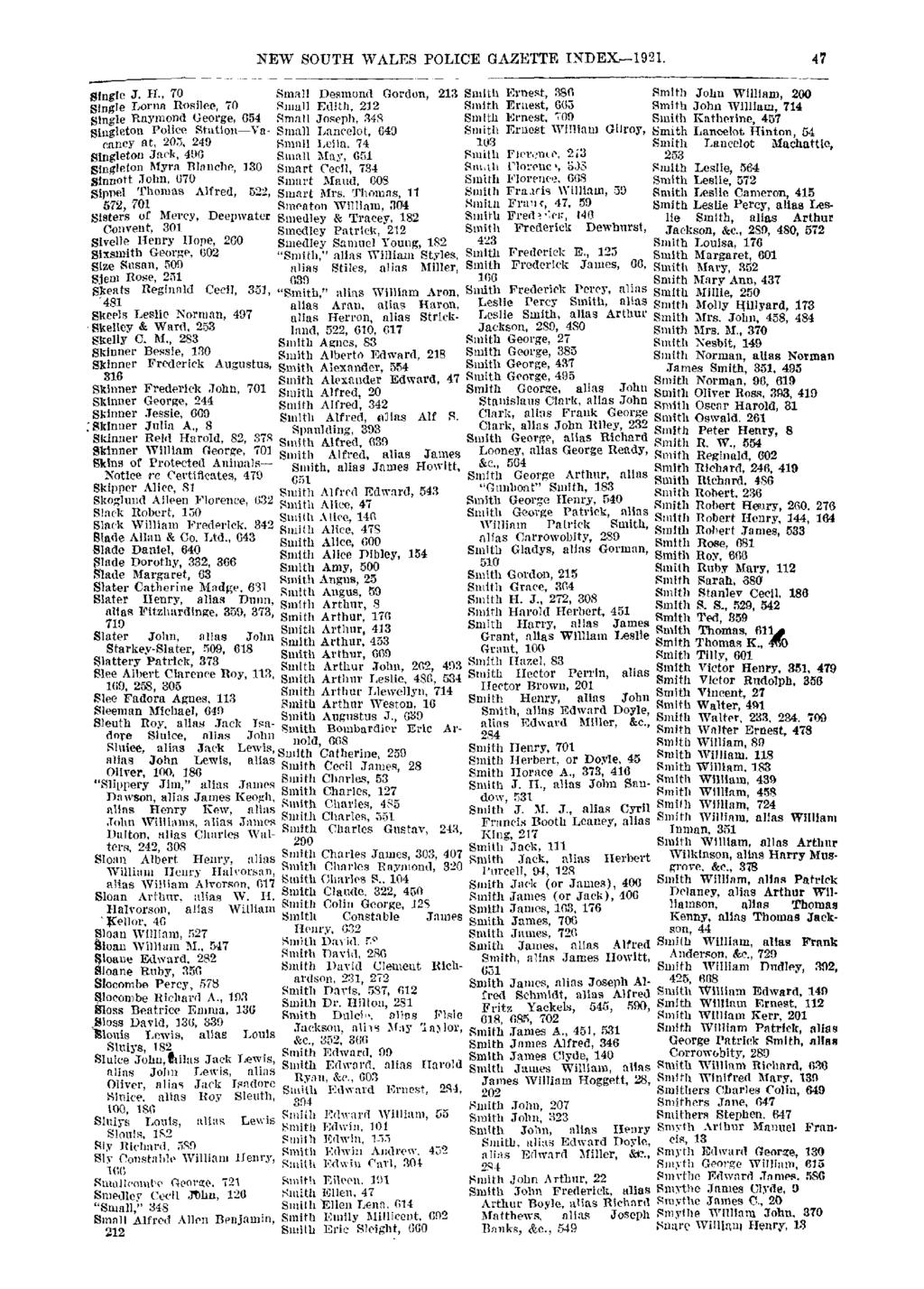 NEW SOUTH WALES POLICE GAZETTE INDEX 1921. 47 Single J. H.
