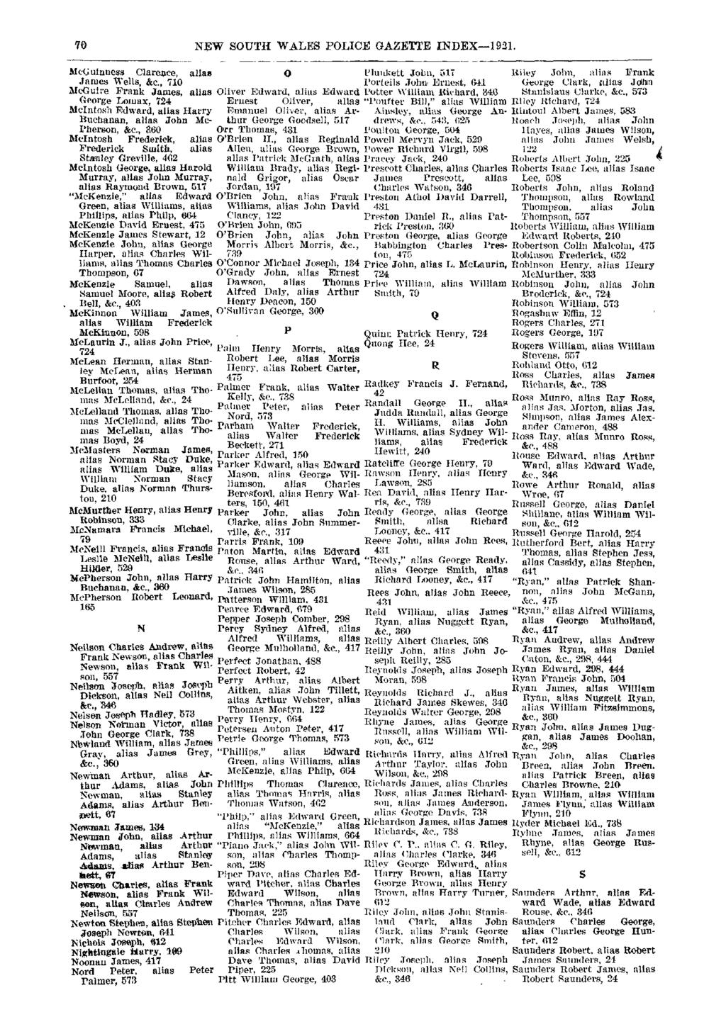 70 NEW SOUTH WALES POLICE GAZETTE INDEX-1921. McGuinness Clarence, alias James Wells, &c.