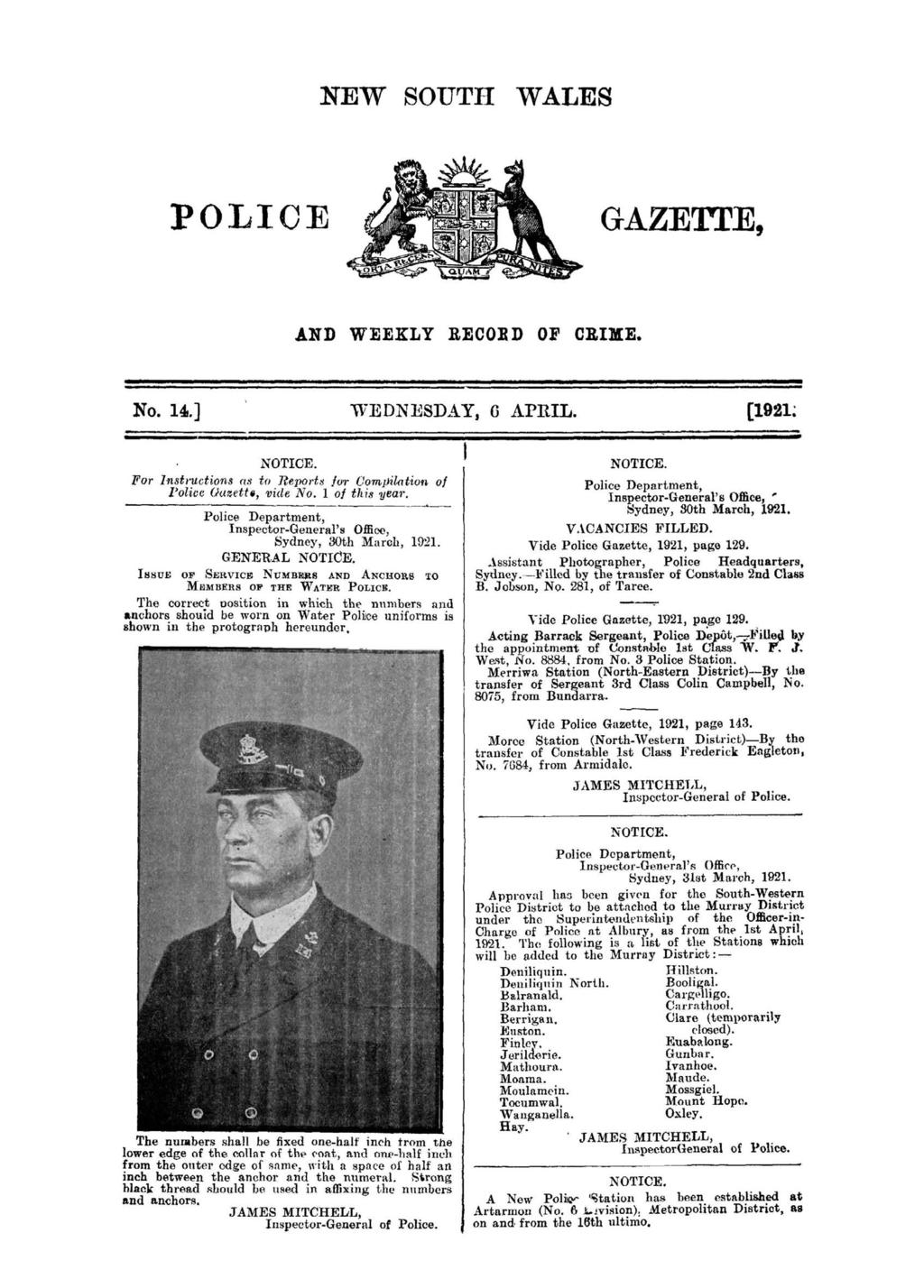 NEW SOUTH WALES POLICE Idw GAZETTE, AND WEEKLY RECORD OF CRIME. No. 14.] WEDN i'sd AY, 6 APRIL. [1921; NOTICE. For Instructions as to Reports fur Compilation of Police (Gazette, vide No.